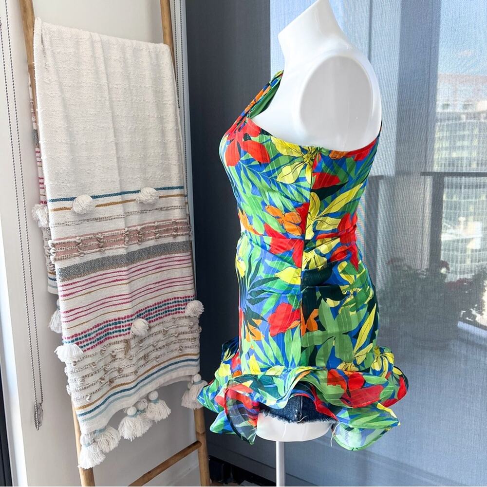 MB Finale Floral One Shoulder Long Balloon Sleeve Mini Dress Women’s Size Large - Picture 6 of 12